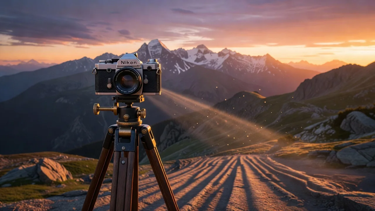Câmera fotográfica antiga em tripé de madeira apontada para a serra ao pôr do sol