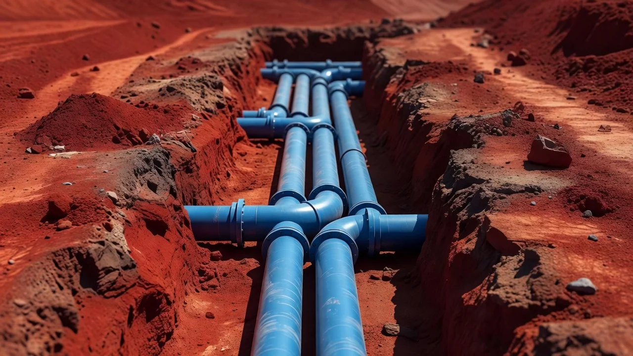 Tubos azuis de água instalados em vala aberta no solo avermelhado