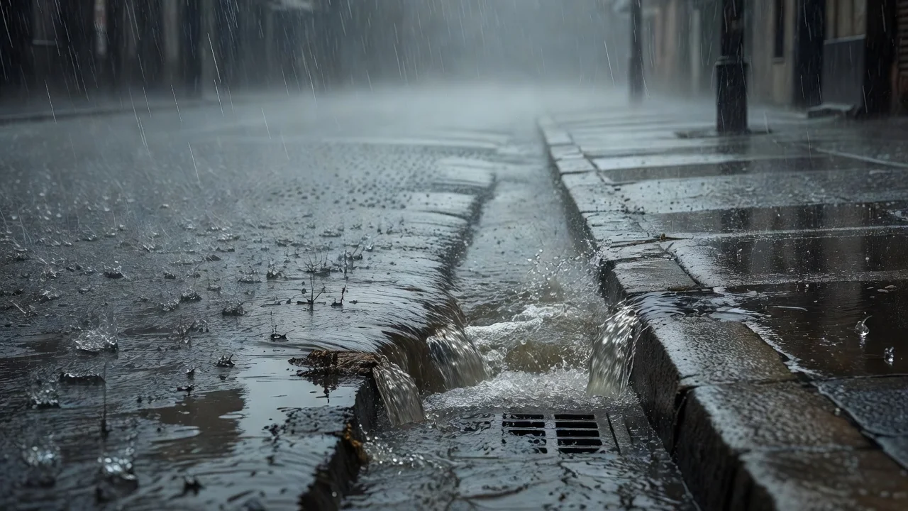 Chuva forte caindo sobre rua vazia com água escoando para o bueiro