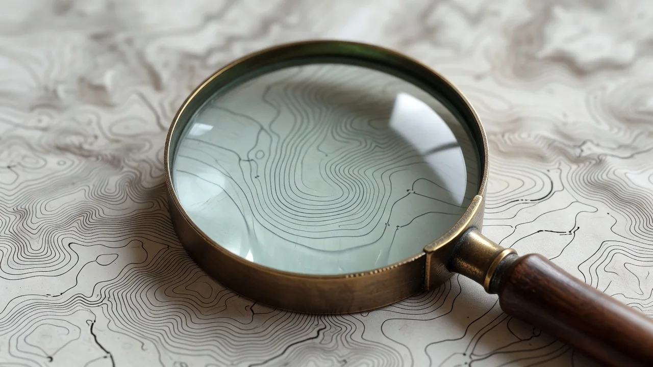 Lupa sobre mapa técnico com curvas de nível desfocadas e ilegíveis