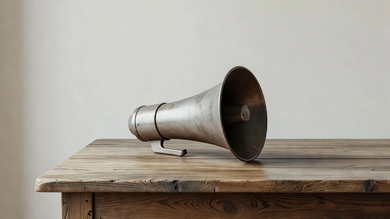 Megafone sobre mesa de madeira contra parede lisa
