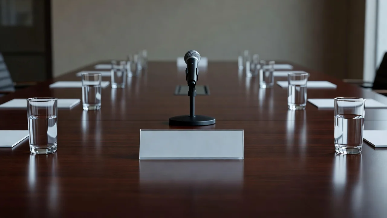 Microfone sobre mesa de reunião vazia com placas de identificação em branco e copos de água