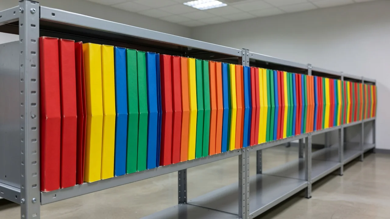 Fileira de pastas coloridas de documentos em estante de escritório público