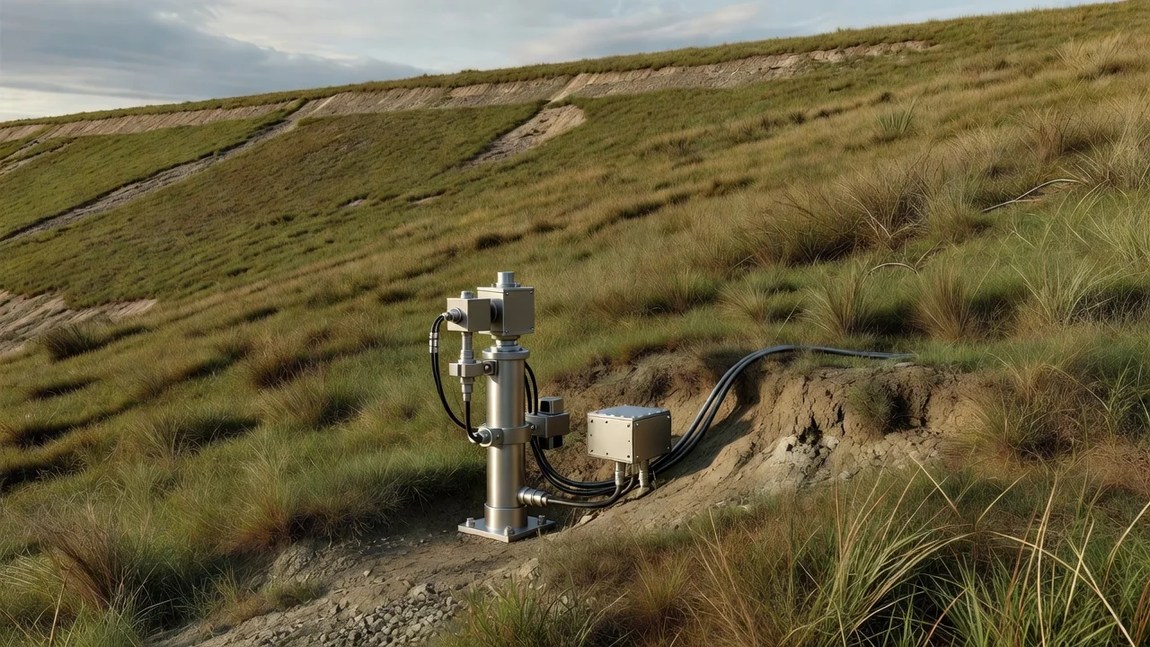 Instrumento de monitoramento geotécnico instalado em talude gramado de barragem