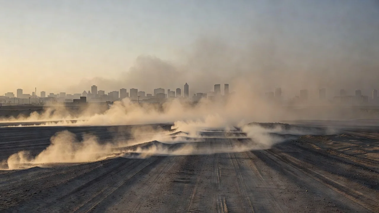 Nuvem de poeira sobre estrada industrial não pavimentada com skyline da cidade ao fundo