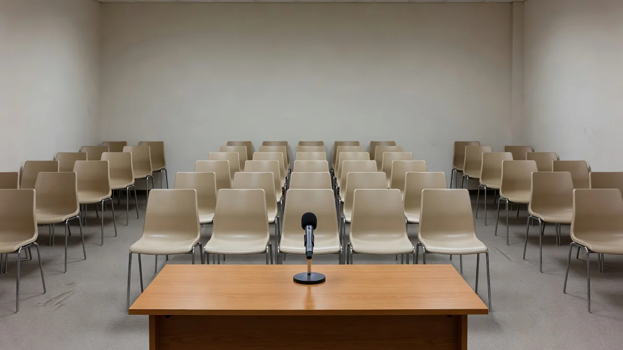 Fileiras de cadeiras vazias diante de microfone em sala de audiência pública