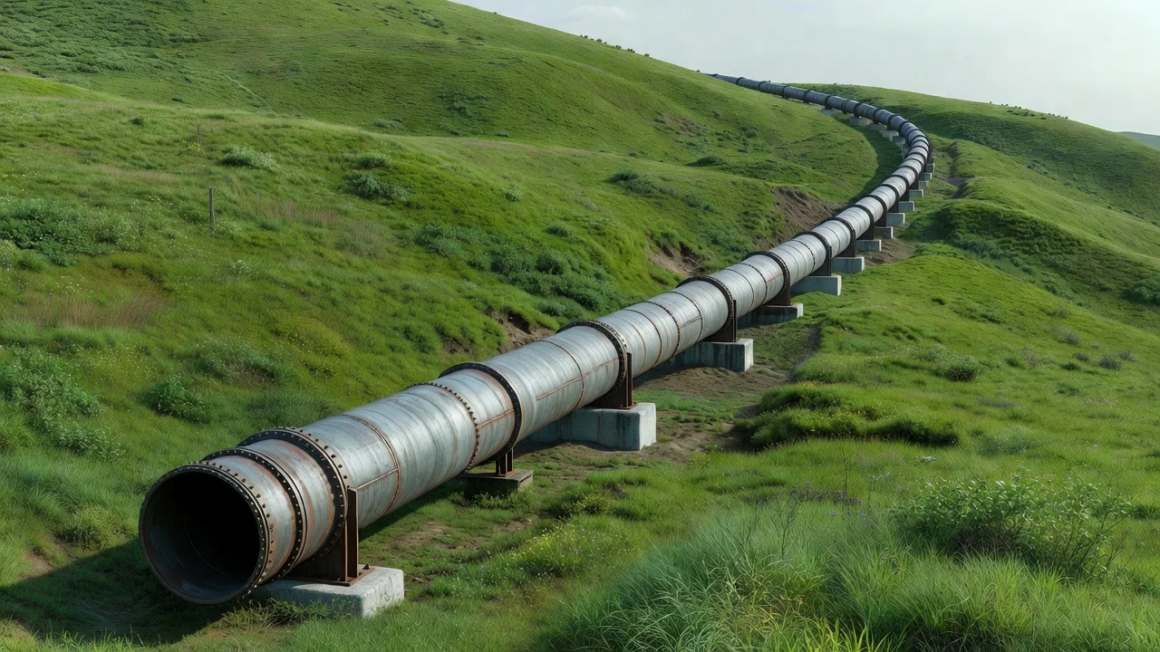 Tubulação de grande diâmetro de adutora cruzando encosta verde