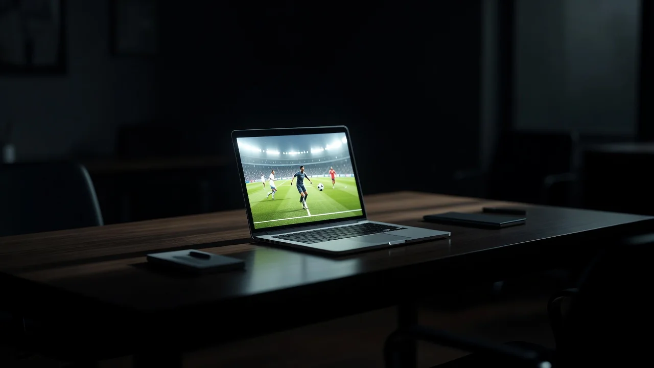 Tela de notebook com partida ao vivo em quarto escuro