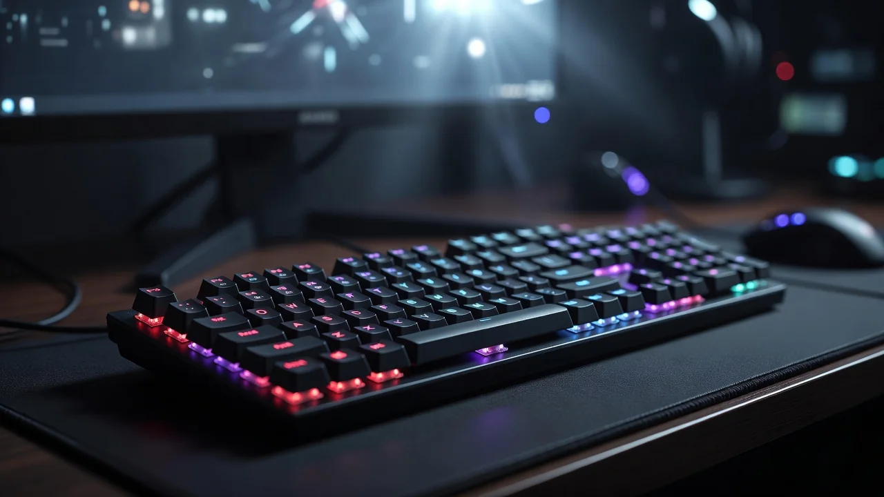 Teclado mecânico iluminado em RGB em mesa de setup escuro