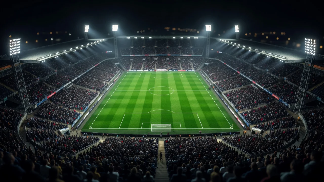 Estádio de futebol lotado visto do alto em noite clara