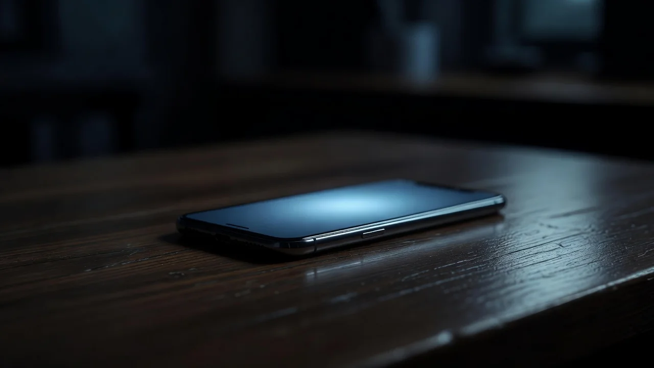 Smartphone sobre mesa de madeira com brilho de tela azul em ambiente escuro
