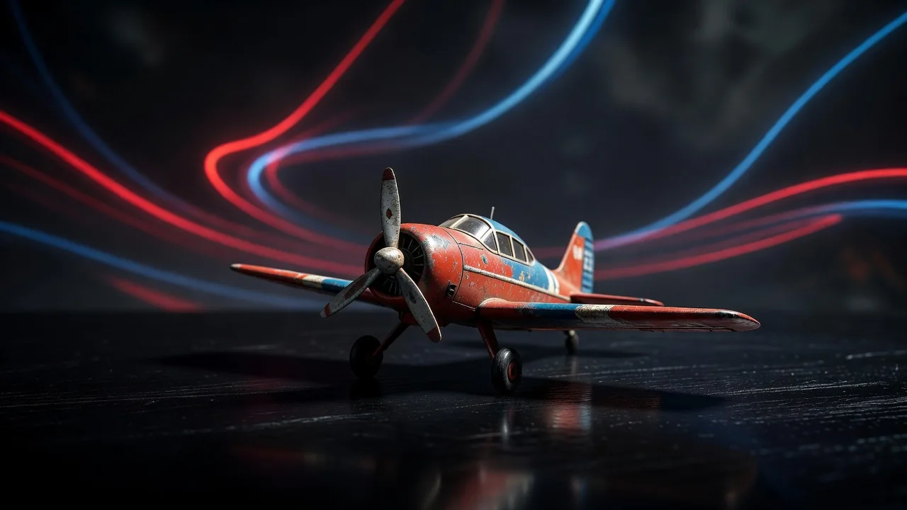 Avião pequeno de brinquedo sobre superfície escura com luz vermelha ao fundo