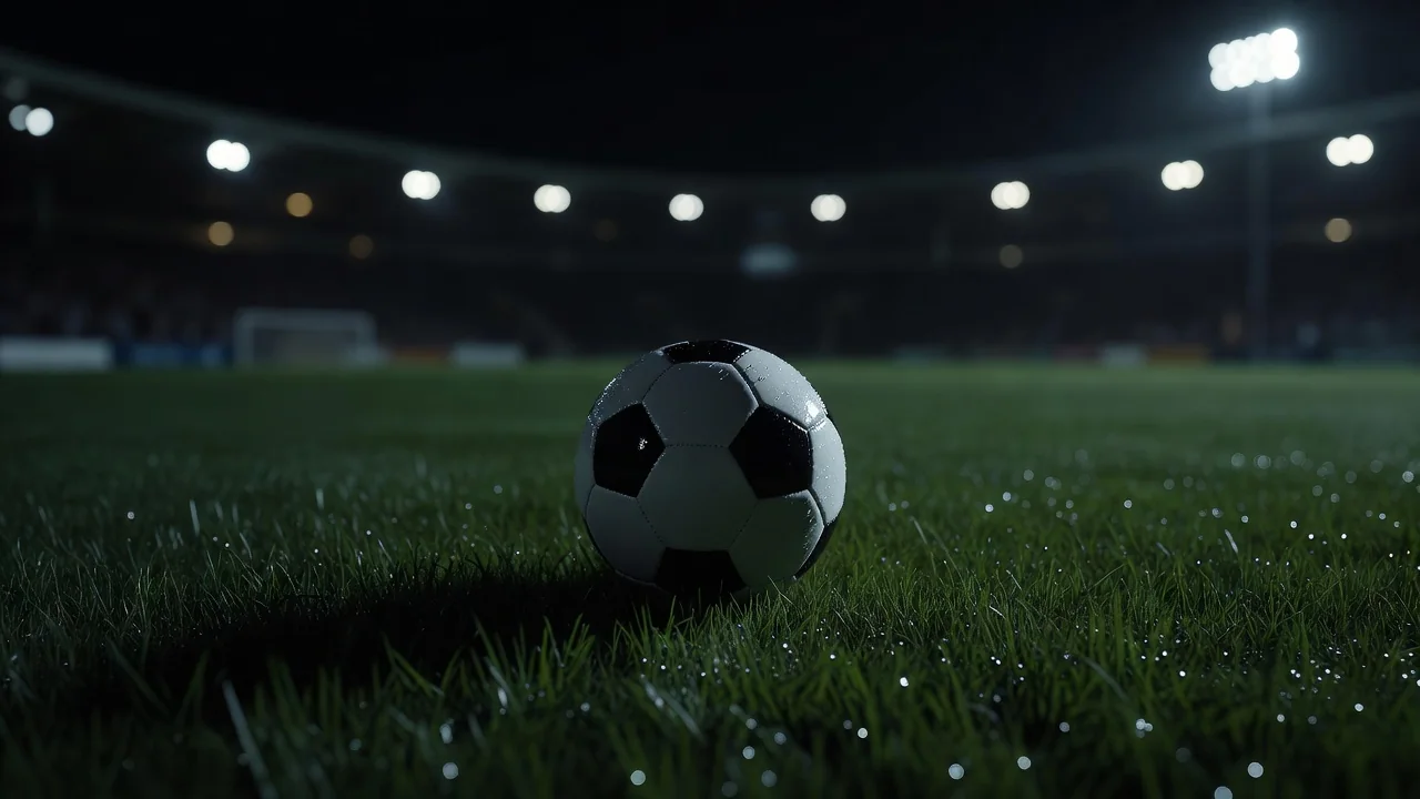 Bola de futebol em grama iluminada por refletores à noite