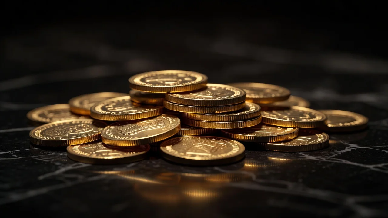 Moedas empilhadas e brilho dourado sobre superfície escura