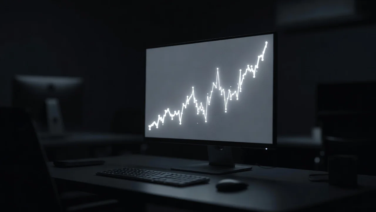 Gráfico ascendente brilhante em tela de monitor em quarto escuro