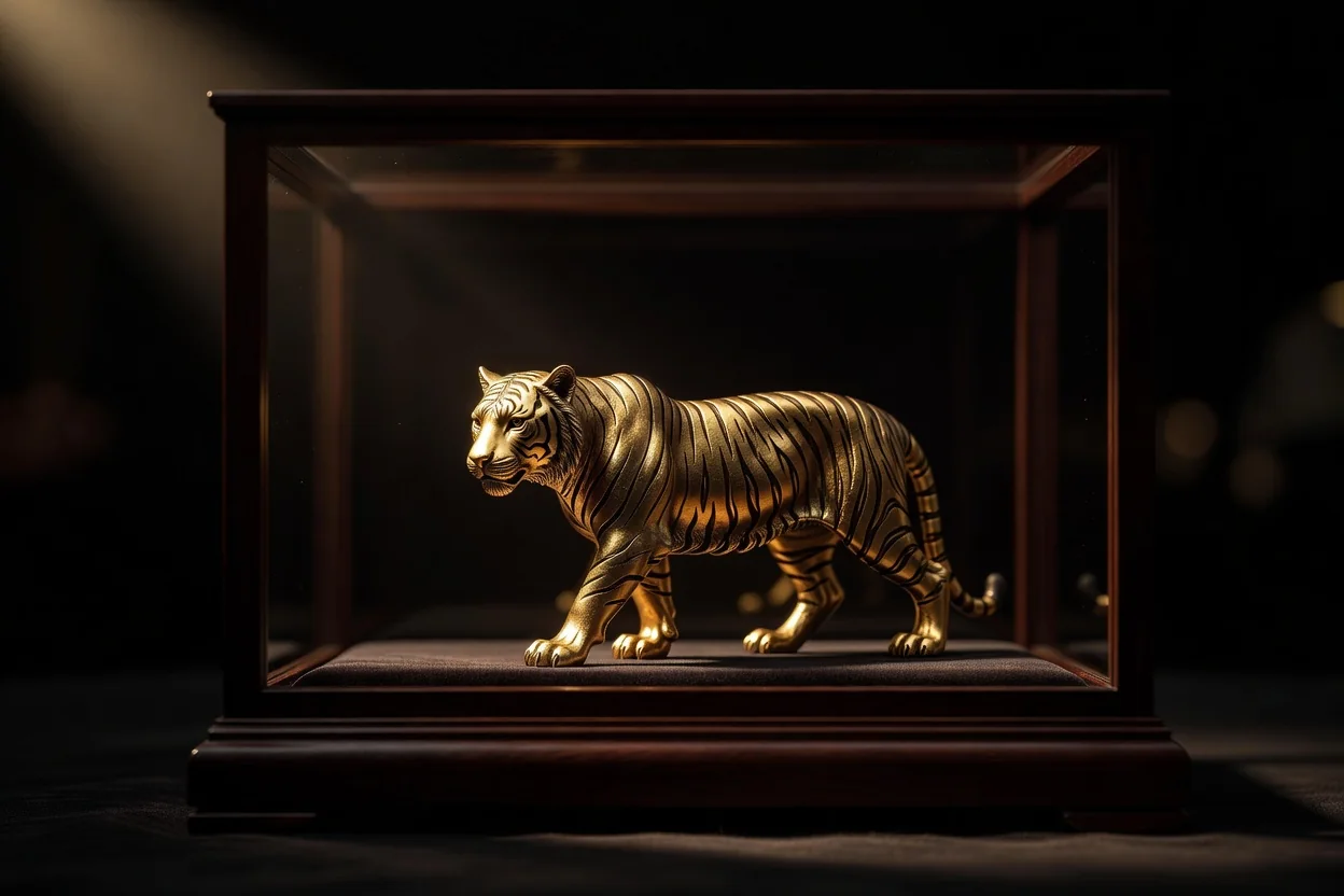 Estátua dourada de tigre em vitrine escura com luz quente