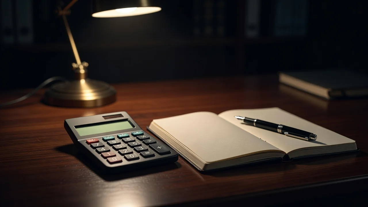 Calculadora, caderno de anotações e caneta sobre mesa escura