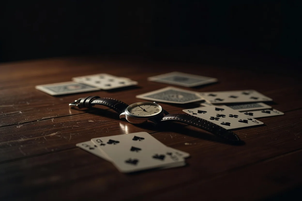 Relógio de pulso e cartas de baralho sobre mesa em luz suave