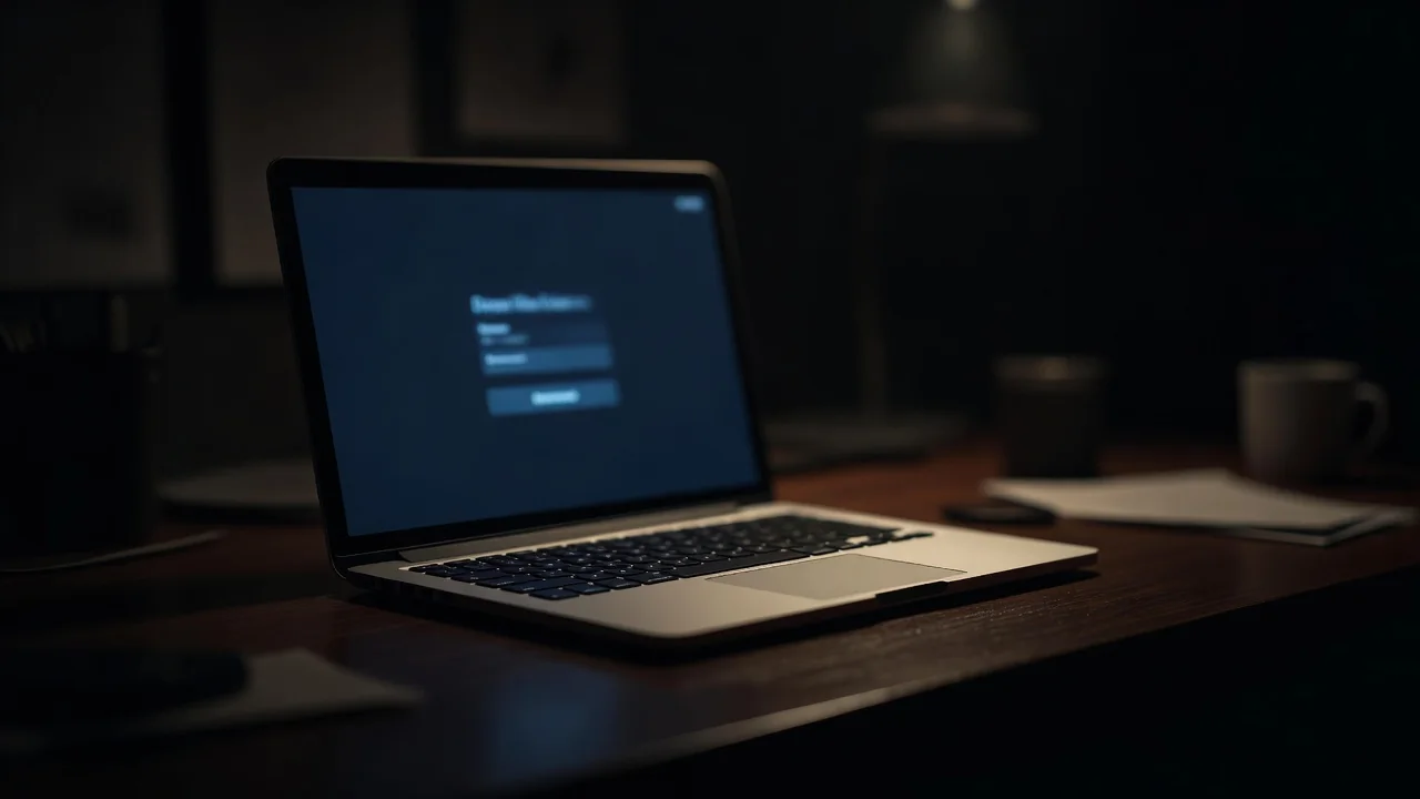 Notebook em mesa escura com tela de login iluminada em tons azuis