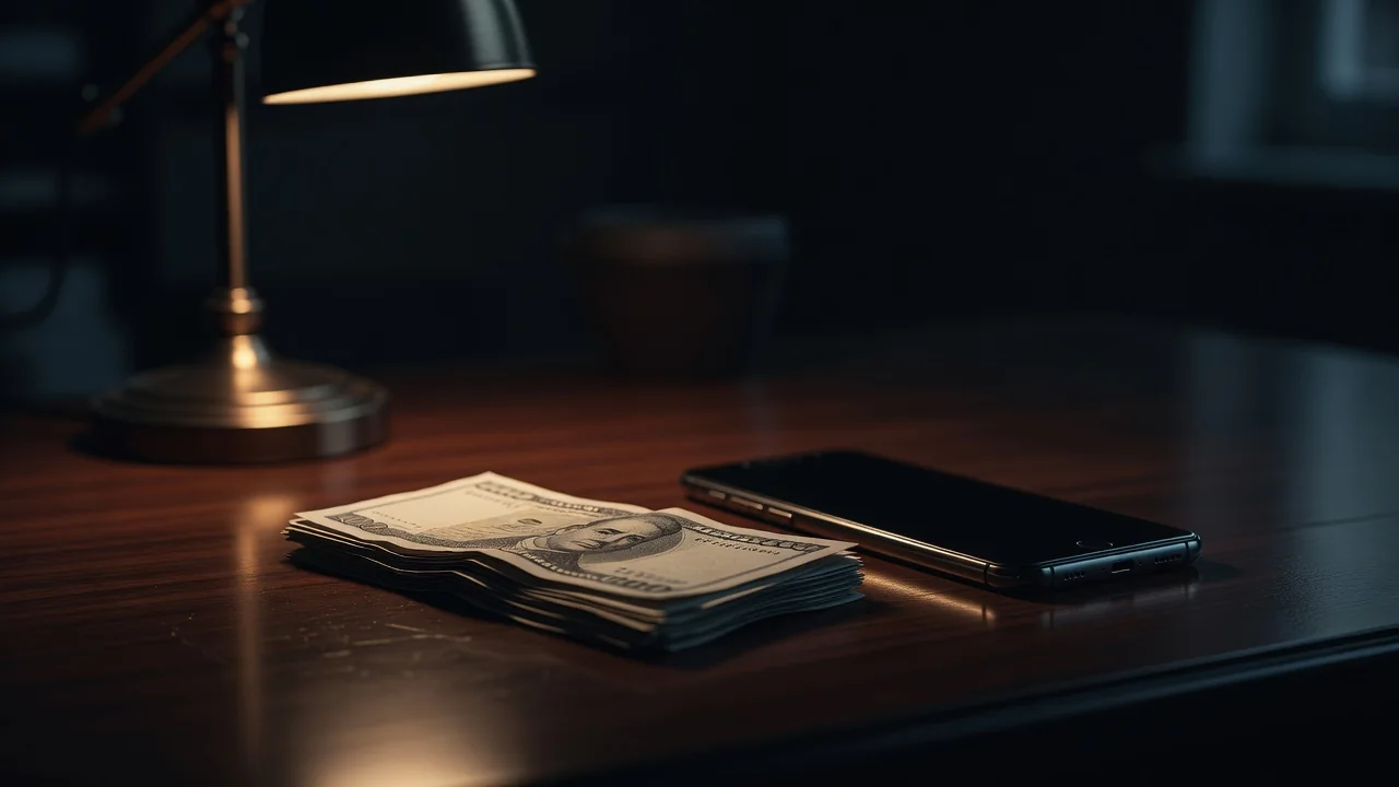 Notas de dinheiro e celular sobre mesa em luz baixa de escritório