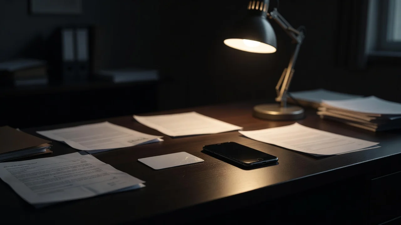 Documento de identidade e celular sobre mesa com luz de escritório